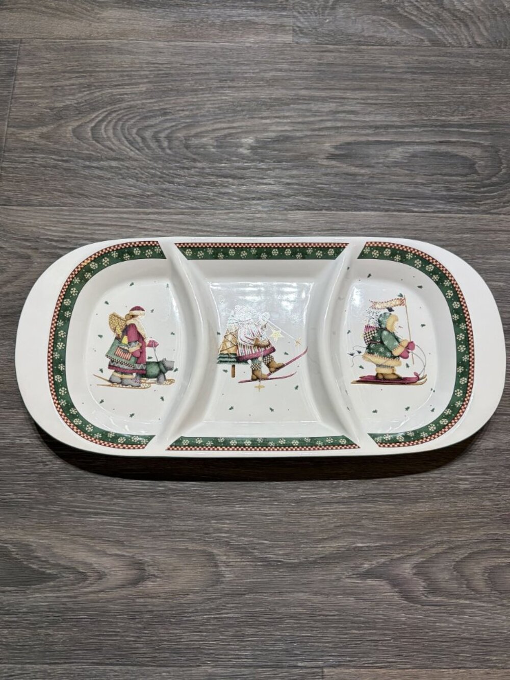 Sakura Debbie Mumm Sledding Snowman Bear 3 Part Relish Dish Christmas Platter